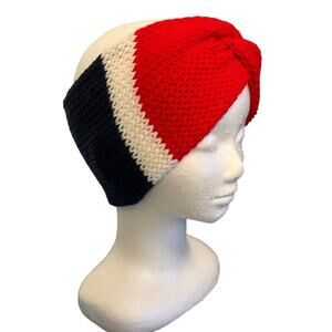 Hand Knit Twist Front Red, White &‎ Blue blue ear warmer Headband, adult size